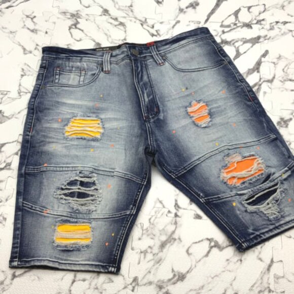 Men’s Makobi Dk Blue WashYellowOrange Denim Shorts
